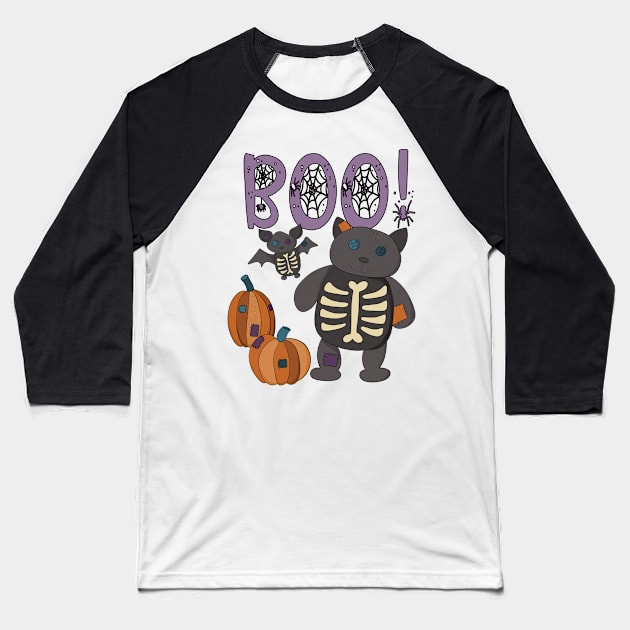 Boo Halloween Bat and Cat Baseball T-Shirt by Alissa Carin